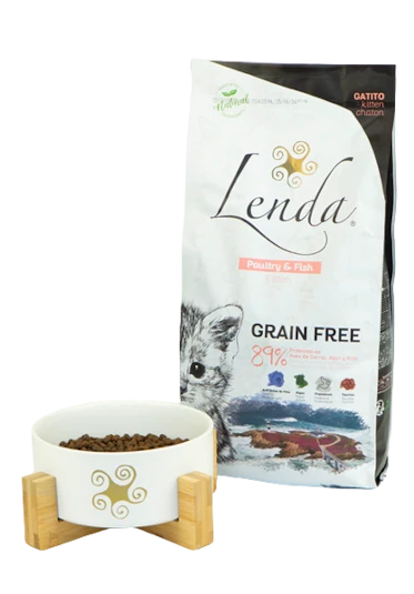 Pet food package and bowl Lenda Kitten Poultry Fish