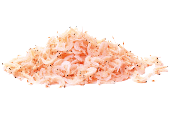 Montón de krill deshidratado sobre fondo blanco